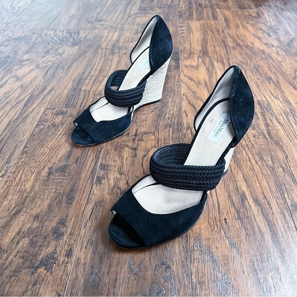 Max Mara • d'orsay wedge heels black suede braided jute open toe sandal